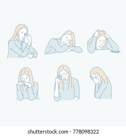 various behavior pose sad expression girl character hand drawn style vector doodle design illustrations.