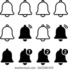 Various bell icon illustrations showing notification alerts in black and white style