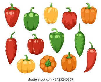 Various bell peppers. Cartoon red green yellow orange sweet paprika, fresh organic vegetable for cooking and healthy eating. Vector colorful set of food vegetable illustration