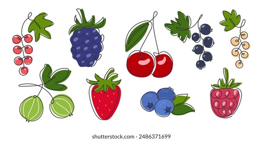 Various berries mix isolated on white. Abstract summer berry fruit. Simple doodle food illustration. Blueberry, raspberry, currant, blackberry, cherry. Ingredient for smoothie, dessert, juice, jam