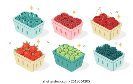 Various berries in supermarket carton boxes. Strawberry, blueberry, cherry, raspberry, gooseberry and blackberry set. Healthy eating concept. Isometric vector illustration.