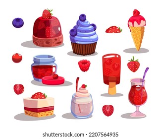 Various berry desserts cartoon illustration set. Raspberry ice-cream cone, strawberry milkshake, drink, shake or smoothie, blueberry cupcake, panna cotta and fruit jelly. Sweet course, menu concept