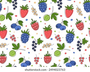 Varios Berry fruta sin costura Patrón. Abstractas Doodle Fresa, Blackberry, Frambuesa, arándano, grosella, grosella. Fondo de bayas jugosas frescas de verano. Patrón para el diseño de envases de alimentos, menú