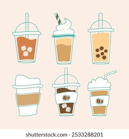 Various Beverage Drinks in Cup Cartoon Vector 