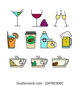 Various Beverages Menu Cafe Related Thin Line Icon Illustration Set