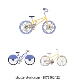 Various bicycles cartoon icons in set collection for design. The type of transport vector symbol stock web illustration.