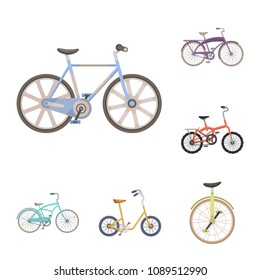 Various bicycles cartoon icons in set collection for design. The type of transport vector symbol stock web illustration.