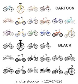 Various bicycles cartoon icons in set collection for design. The type of transport vector symbol stock web illustration.