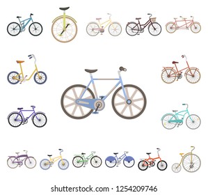 Various bicycles cartoon icons in set collection for design. The type of transport vector symbol stock web illustration.