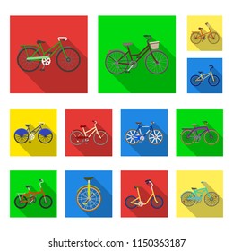 Various bicycles flat icons in set collection for design. The type of transport vector symbol stock web illustration.