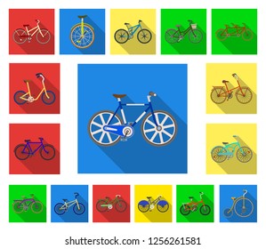 Various bicycles flat icons in set collection for design. The type of transport vector symbol stock web illustration.
