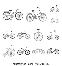 Various bicycles monochrome icons in set collection for design. The type of transport vector symbol stock web illustration.
