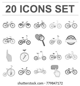 Various bicycles monochrome icons in set collection for design. The type of transport vector symbol stock web illustration.
