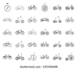 Various bicycles mono,outline icons in set collection for design. The type of transport vector symbol stock web illustration.