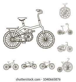 Various bicycles outline icons in set collection for design. The type of transport vector symbol stock web illustration.