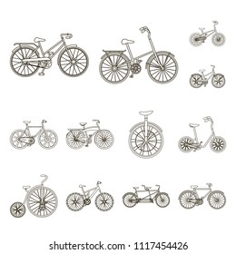 Various bicycles outline icons in set collection for design. The type of transport vector symbol stock web illustration.
