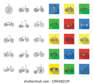 Various bicycles outline,flat icons in set collection  design. The type  transport vector symbol stock web illustration.