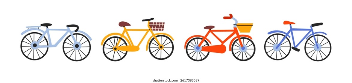 Various bicycles in retro cartoon style. Different bike designs, colors, and styles - playful and vibrant collection of bicycles in trendy retro doodle style.
