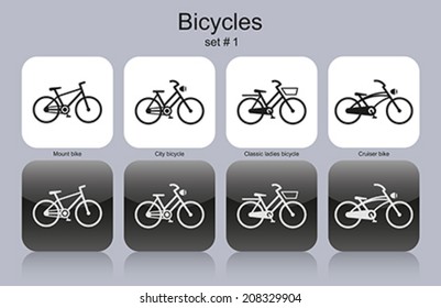 Various bicycles. Set of monochrome icons. Editable vector illustration.