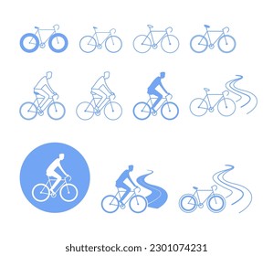 Various bicycles vector illustrations set. Line icons of bikes, person riding bicycle, bike paths on white background. Cycling, sport, healthy lifestyle, outdoor activity concept