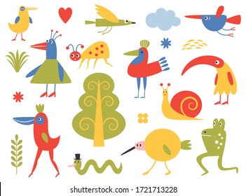 Various birds and bizarre creatures. Children's graphics. Cute characters set