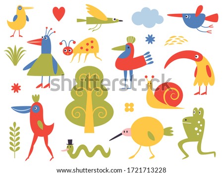 Various birds and bizarre creatures. Children's graphics. Cute characters set