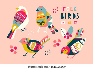 Various birds with different folk ornaments. Paper cut scandinavian style. Flat design. Hand drawn colored vector set. Modern trendy illustration. All elements are isolated