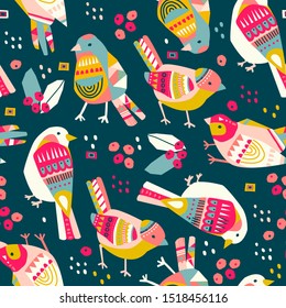 Various birds with different folk ornaments. Paper cut scandinavian style. Flat design. Hand drawn colored vector seamless pattern. Modern trendy illustration. Dark background