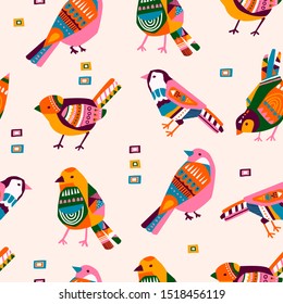 Various birds with different folk ornaments. Paper cut scandinavian style. Flat design. Hand drawn colored vector seamless pattern. Modern trendy illustration