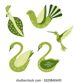 Various birds with different folk ornaments. Cute cartoon swan, hummingbird isolated, in vector. Greeting card, poster, banner illustration. Hand drawn colored set in scandinavian style. Flat design.