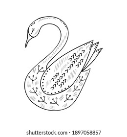Various birds with different folk ornaments. Cute doodle swan, hummingbird isolated, in vector. Greeting card, poster, banner illustration. Hand drawn set in scandinavian style. Sketch design.