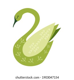 Various birds with different folk ornaments. Cute cartoon swan, hummingbird isolated, in vector. Greeting card, poster, banner illustration. Hand drawn colored set in scandinavian style. Flat design.