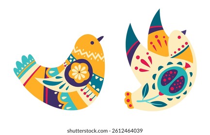 Various Birds with Folk Ornament and Decor Vector Set