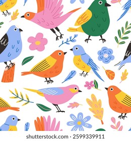 Various birds seamless pattern. Flat design. Hand drawn colored vector pattern. Modern trendy illustration.