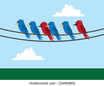 Various birds sitting on wire