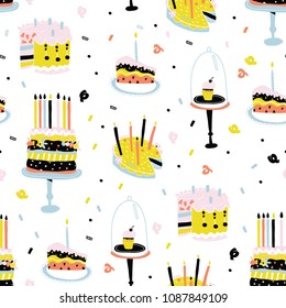 Various birthday cakes. Colored vector seamless pattern