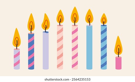 Various Birthdays celebration burning candles.  Festive traditional cake decoration. Trendy modern vector illustration isolated on background, hand drawn, flat design