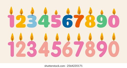 Various Birthdays celebration burning candles in the form of numbers. Festive traditional cake decoration. Trendy modern vector illustration isolated on background, hand drawn, flat design