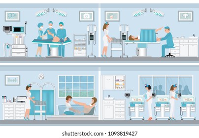 Various birthing of pregnant woman, birth Surgery, natural birth ,giving birth in water and child care newborn baby inside infant incubators, vector illustration.