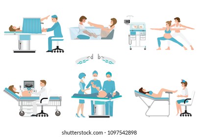 Various birthing of pregnant woman isolated on white, birth Surgery, natural birth ,giving birth in water and child care newborn baby inside infant incubators, vector. 