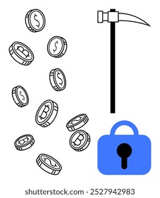 Various Bitcoin coins scattered around with a pickaxe and a padlock, representing cryptocurrency mining, digital security, and blockchain technology. Ideal for digital currencies, cryptocurrency