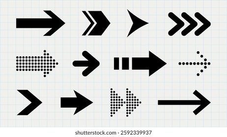 Various black arrow icons on a grid background. Arrows pointing right, different styles. Black arrows, grid pattern. Arrows for direction, design, navigation. Element vector set.