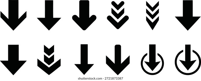 Varios íconos de flecha negra que simbolizan la Descarga, el desplazamiento o la dirección, presentados sobre un fondo blanco minimalista para una comunicación visual clara.