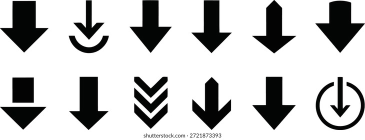 Verschiedene schwarze Pfeilformen, die eine Bewegung nach unten, einen Download oder eine Richtung kennzeichnen und auf weißem Hintergrund deutlich angezeigt werden.