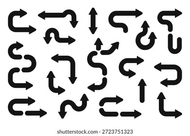 Various black arrow silhouettes different paths turns creative layout directional icons navigation pointer symbols
