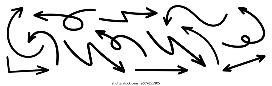 Various black arrows with different shapes and directions on a light background. Curved arrows, zigzag arrows, and looping arrows create a dynamic pattern. Doodle arrow vector set.