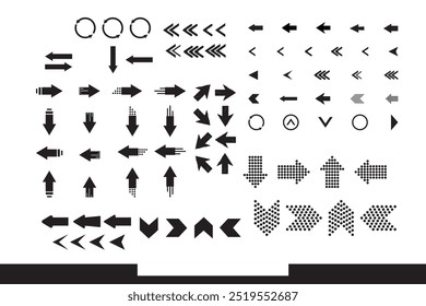 Various black arrows in multiple styles and directions on a white background. Includes dotted, curved, and solid designs. Suitable for navigation, UI elements, or graphic projects.