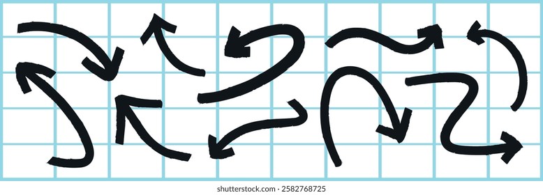 Various black arrows on a grid background. Arrows pointing in different directions. Curved arrows, straight arrows, on grid. Black grid lines. Doodle element vector set.