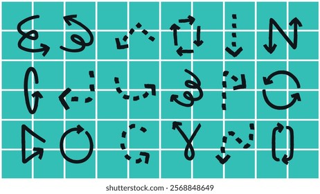 Various black arrows on a teal grid. Arrows pointing in different directions. Curved, straight, and dashed arrows. Arrows on a grid pattern. Element vector set.