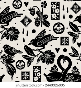 Various black birds, flowers, leaves. Different clipart set, silhouette collection. Linocut style. Hand drawn Vector illustration. Square seamless Pattern. Background, wallpaper